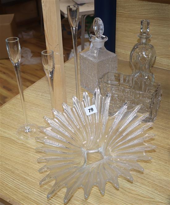 A Whitefriars Glacier decanter, a Holmgaard Glug decanter, a Czech Sklo Union Jardiniere Glass Vase,